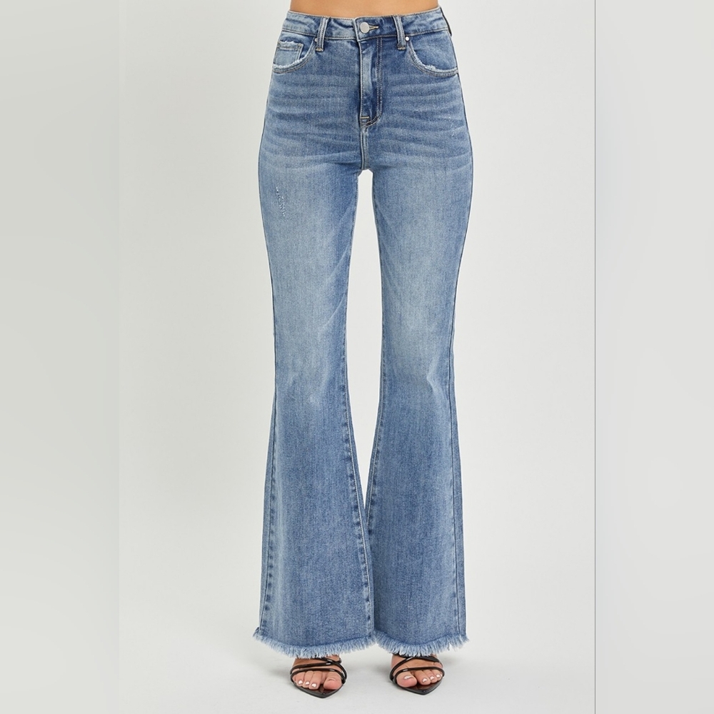 RISEN Tummy Control High-Rise Slim Fit Pants Frayed Flare Hem Retro Denim Jeans - Picture 3 of 15